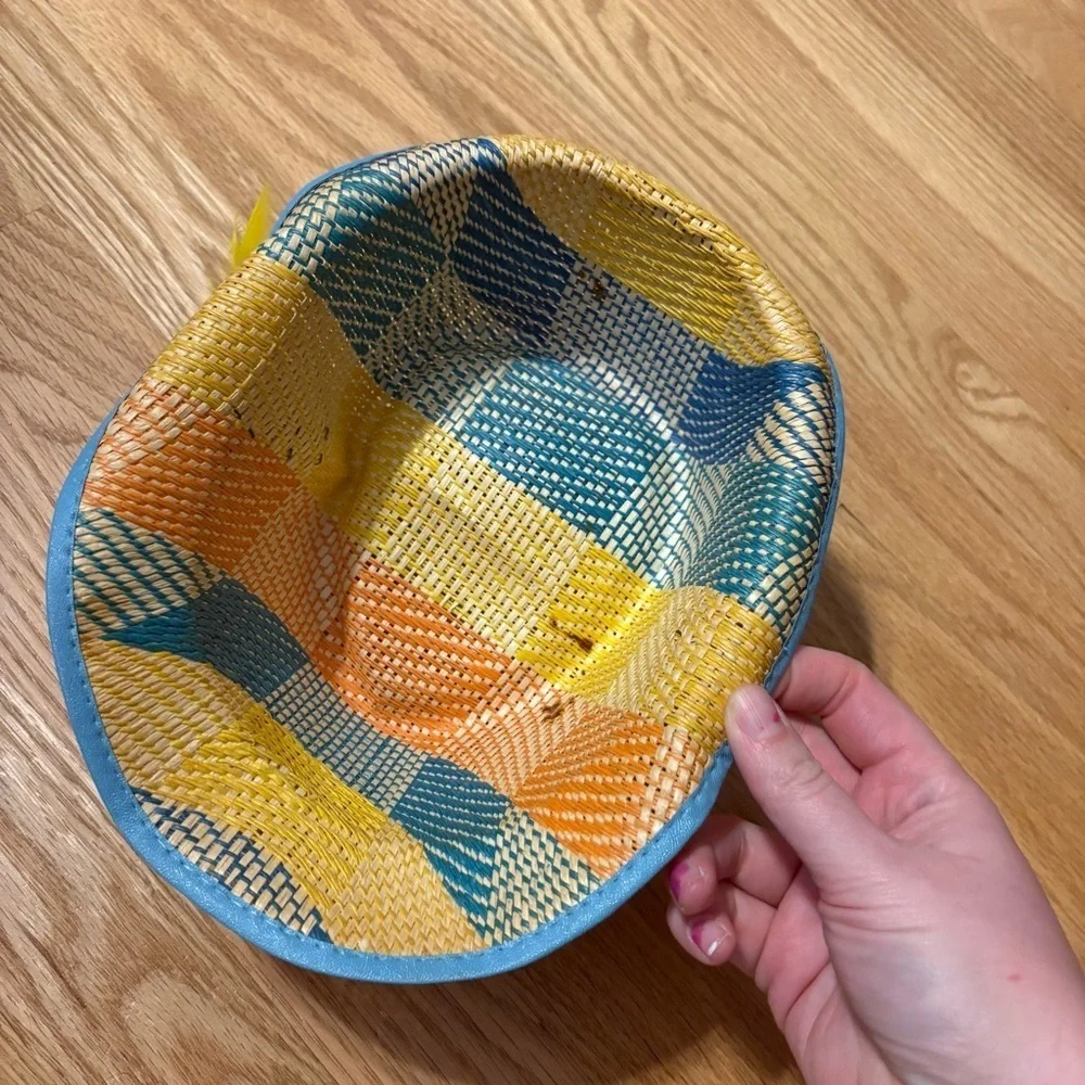 Vintage Kids Fedora W/ Feather Woven Basket Straw Hat Plaid Orange Yellow Blue